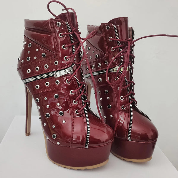 SUPER Women Ankle Platform Boots Adjustable Lace Up Thin High Heels Boots