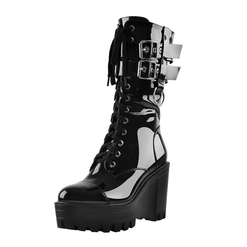 Black Platform Punk Boots Patent Leather Lace Up Mid Calf Chunky High Heels