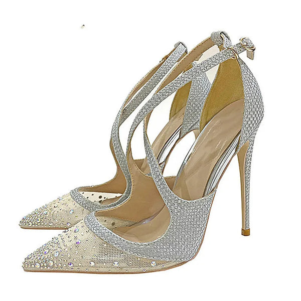 12cm Women's artificial diamond Cross strap high heels gauze high heels