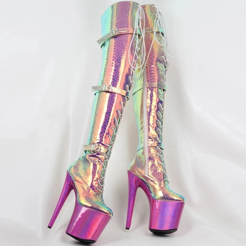 Sexy Snake Holographic Color Goth Pole Dancing Boots For Women 20CM High Heel