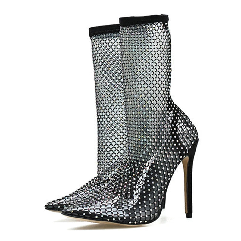 Fashion Crystal Rhinestone Mesh Summer Boots Women Sandals