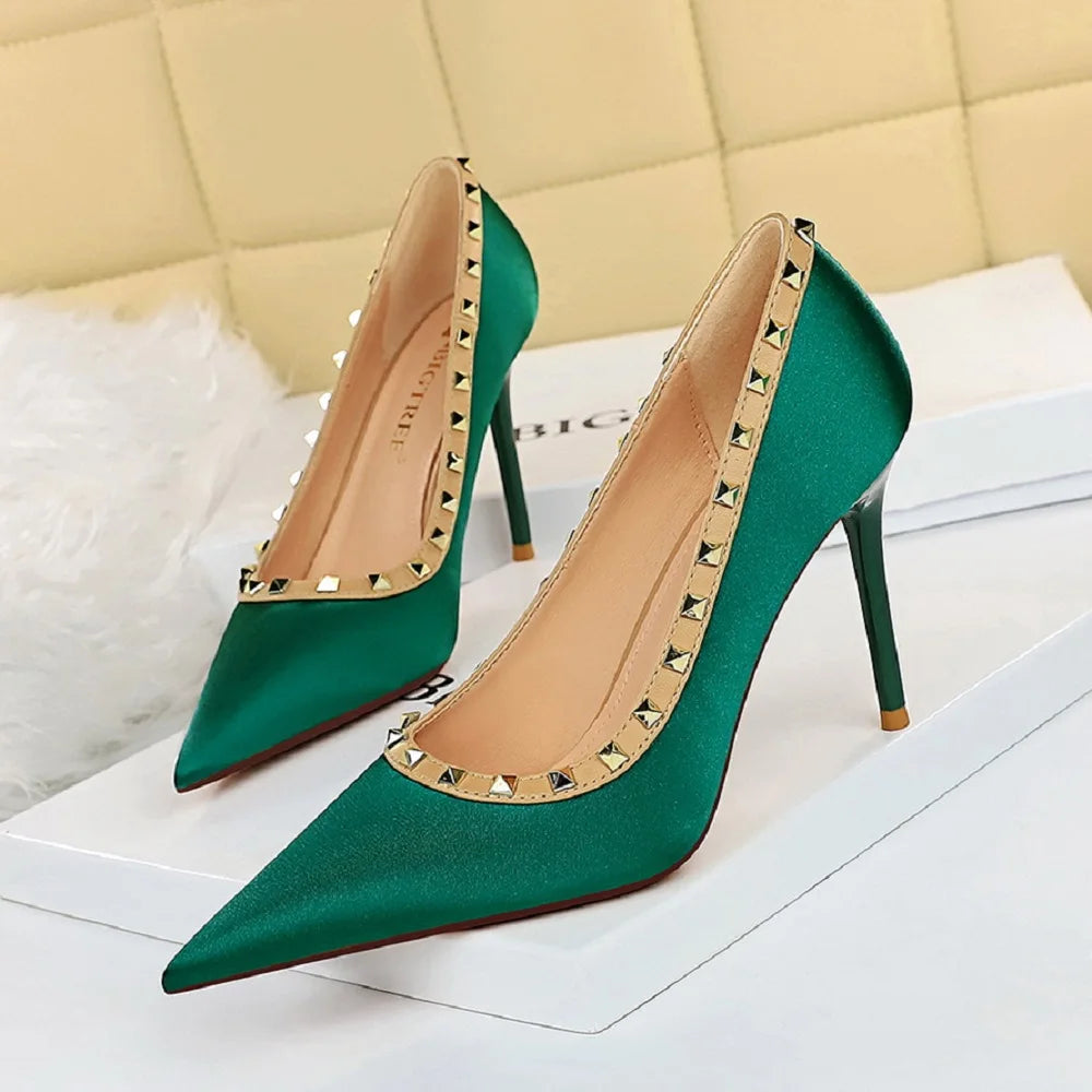 Sexy Nightclub High-heeled Shoes Stiletto High-heeled Satin Shallow  Single Shoes