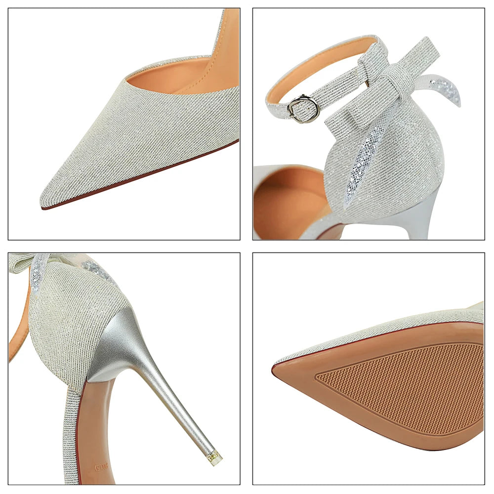 New High Heels Shallow Mouth Pointed Toe Hollow Bow Sandals Wedding Shoes