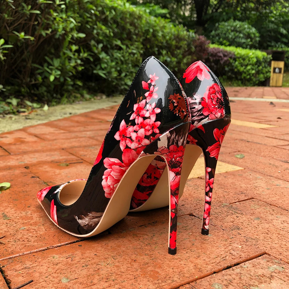 Women Gloossy Floral Printed Pointed Toe High Heels