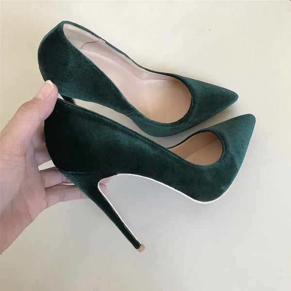 12cm Fashion Velvet dark green nightclub high heels