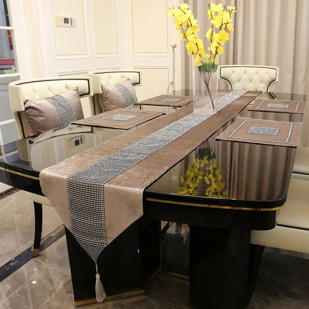 Luxury Table Runner with Handmade Rhinestones European Tasseled Flannel Table Runner