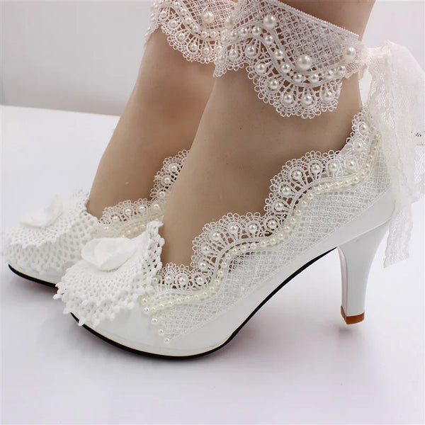 Lace wedding shoes  White wedding dress waterproof platform leather shoes