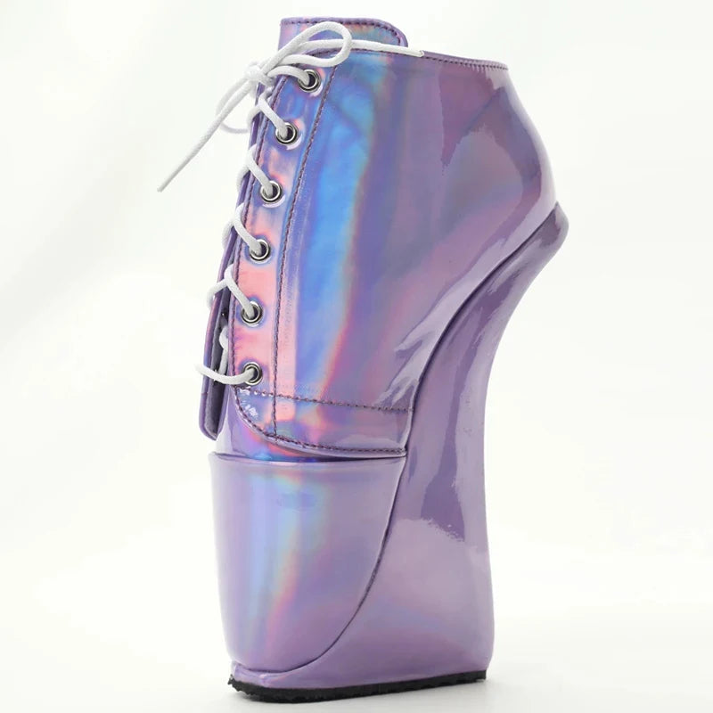 Sexy Women Ankle Boots 18cm Super High Heel Holographic Color Lace-up Ballet Boots