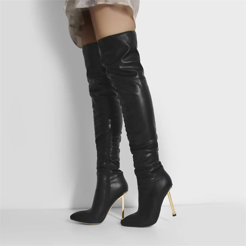 Pointed Toe Metal heel Black Matte Side Zip  Knee High Boots