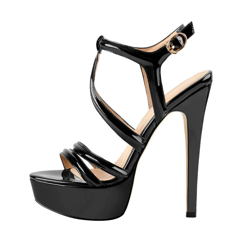 Women Peep Toe Platform Sandals Ankle Strap Chuncky Black High Heel Sandals