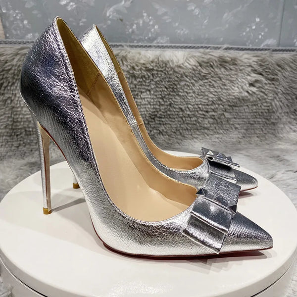 Women's Silver high heels bow, metal pointed high heels