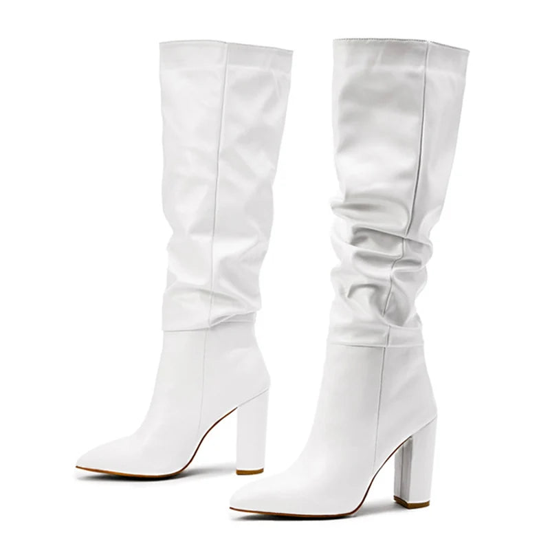 New Black White Knee High Boots Women Fashion Pleated Designer Heels