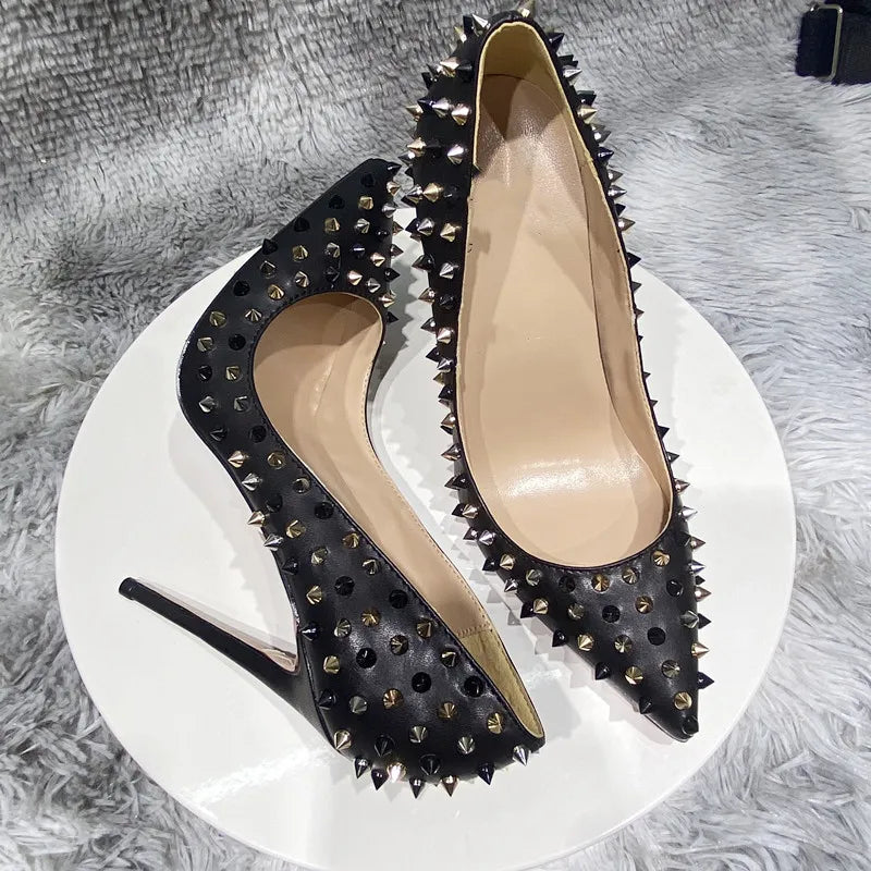 12cm Women's pointed Contrast rivet high heels