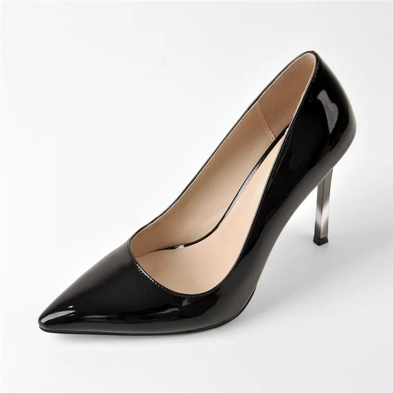 Women Shoes Pointed Toe Black Red Patent Leather Metal Heels