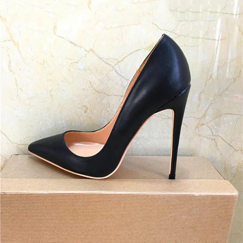 Solid Black Matte Women Pointed Toe Slip On High Heels