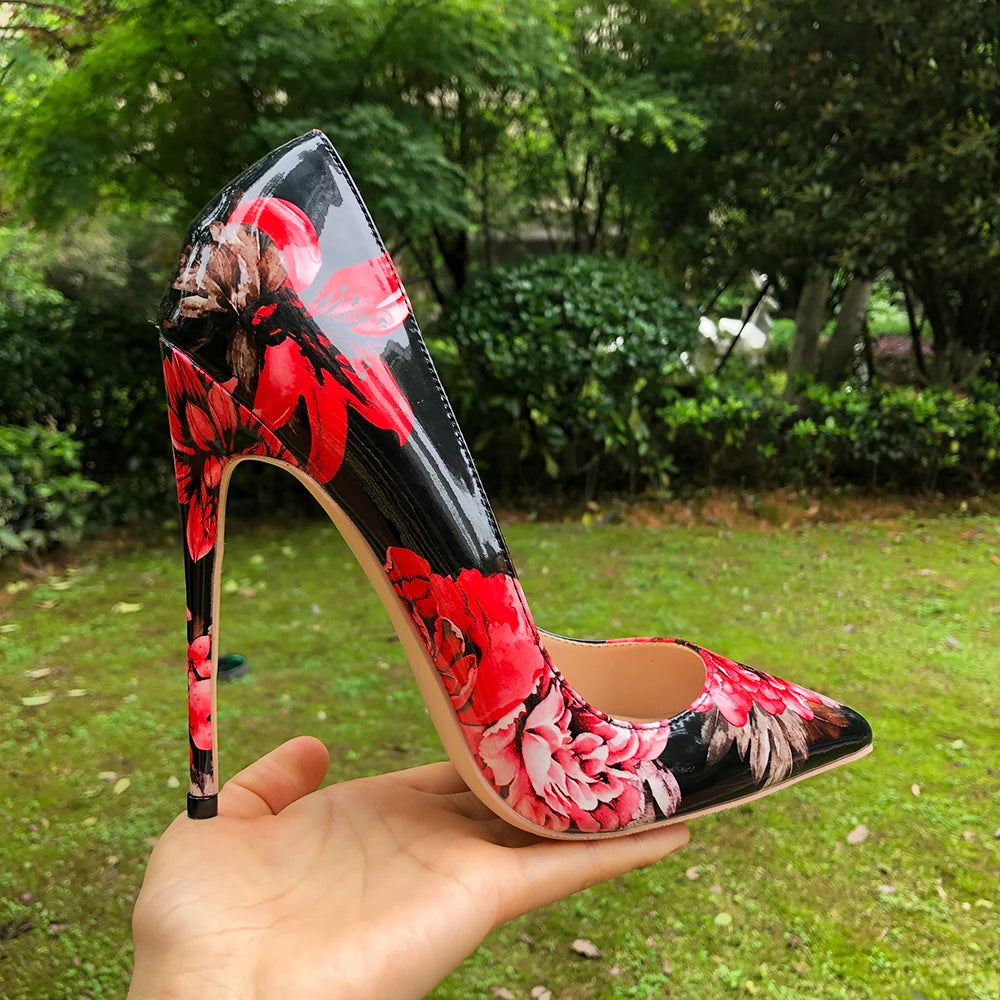 Women Gloossy Floral Printed Pointed Toe High Heels