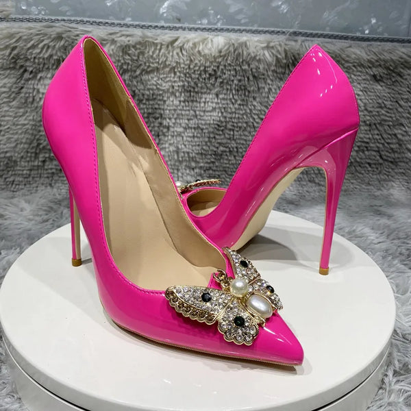 12cm Rose red lacquer skin Bow drill buckle women's diamond toe high heel