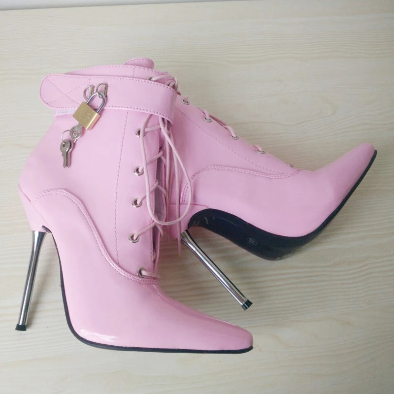 Ankle Boots 12CM High Heel Pointed toe Stiletto Metal Heels Lace Sexy Lockable Boots