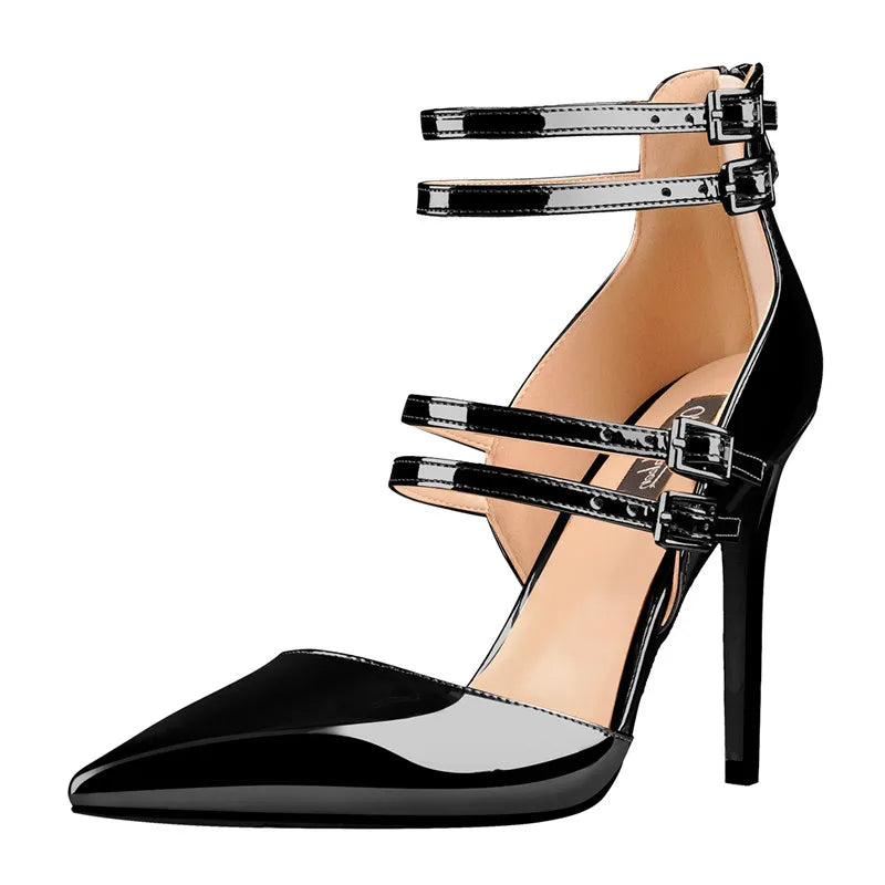 Women's Pointed Toe Black And Gold Ankle Strap Pumps Buckle Belts Zipper stiletto