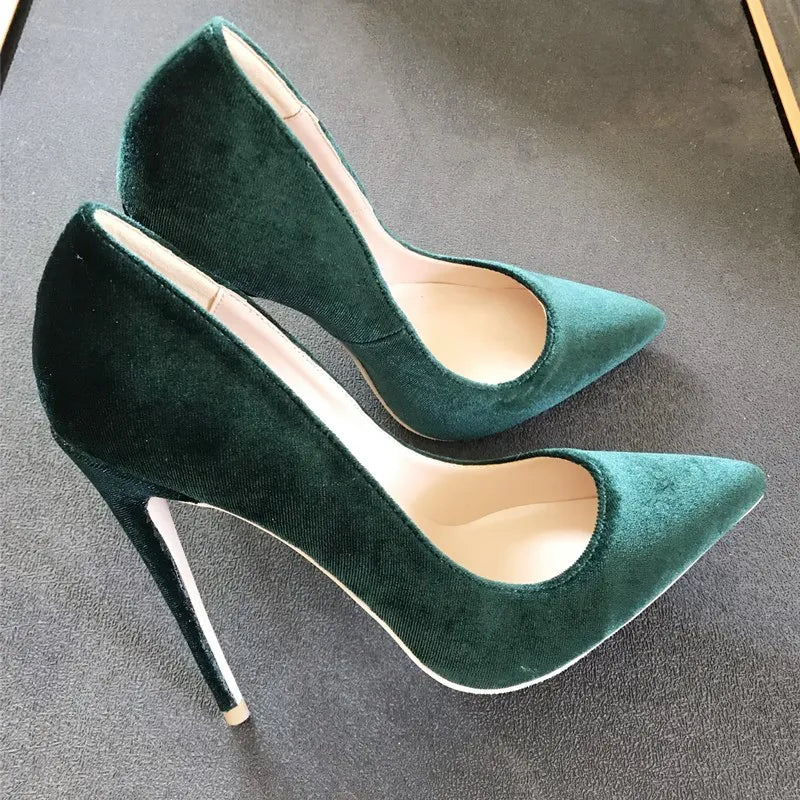 12cm Fashion Velvet dark green nightclub high heels