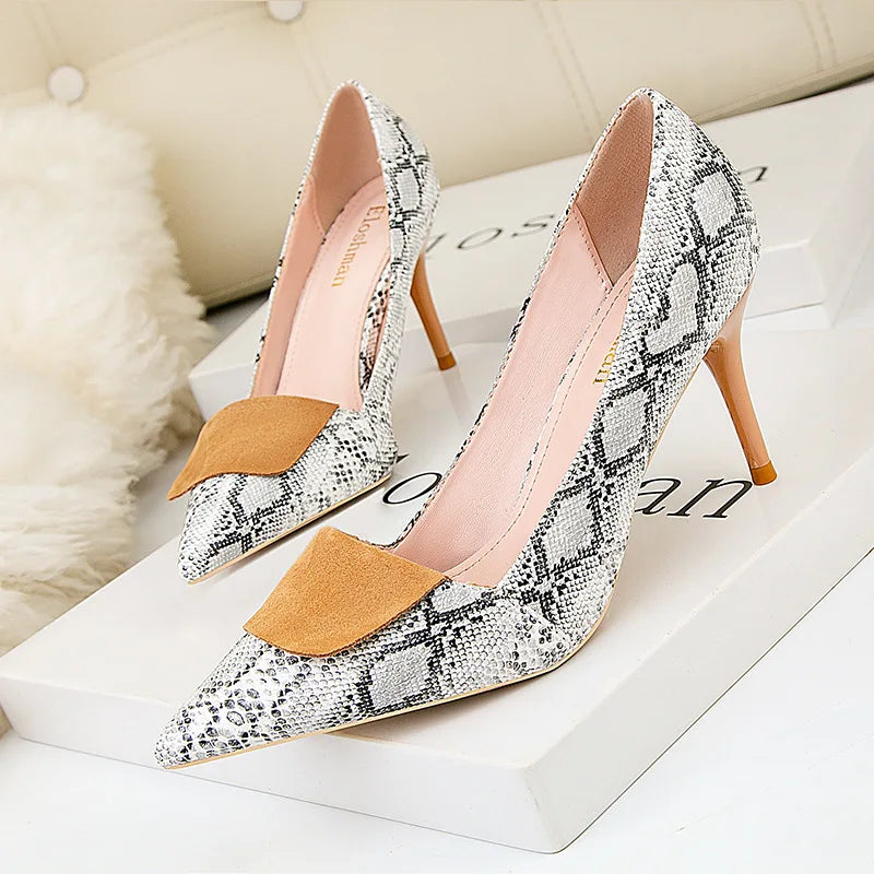 Fashionable Simple Stiletto High-heeled Stitching Snake Pattern Women 's Shoes