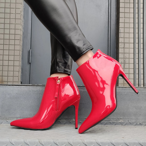 Women Ankle Boots Side Zip Up Shiny Stiletto High Heels Short Booties