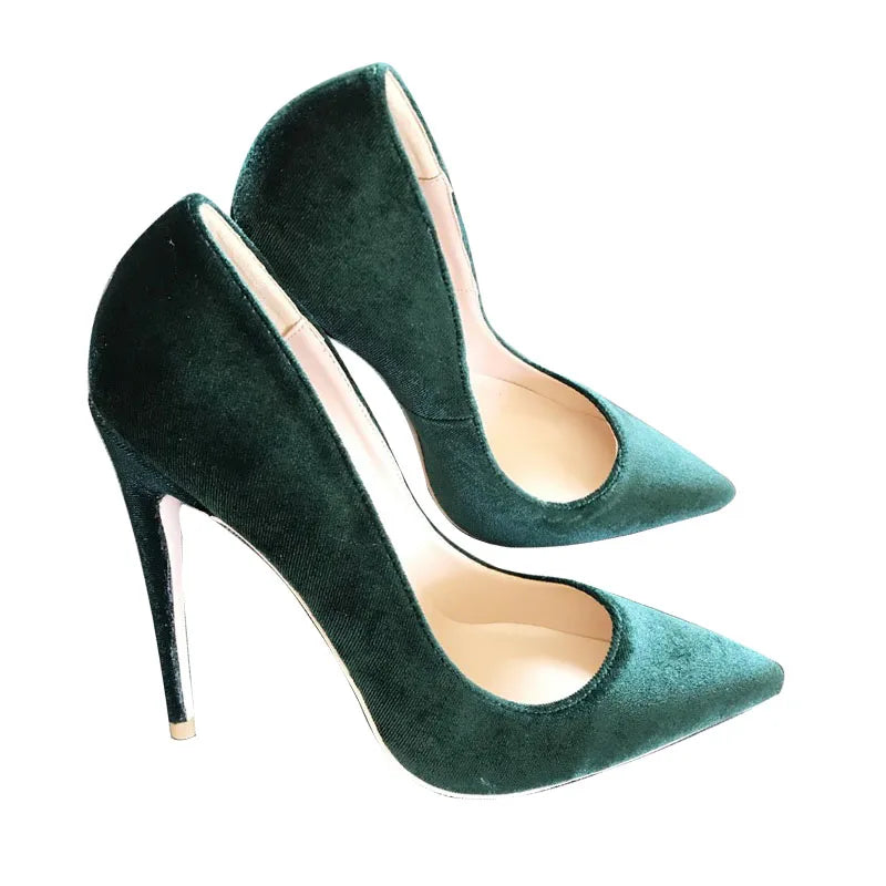 12cm Fashion Velvet dark green nightclub high heels