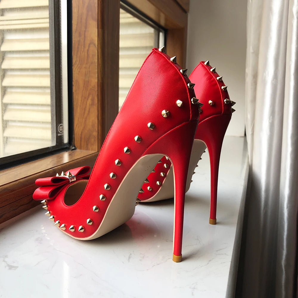 Red Matte Women Pointy Toe High Heel Shoes with Bow Sexy Spikes Rivets Stiletto Pumps