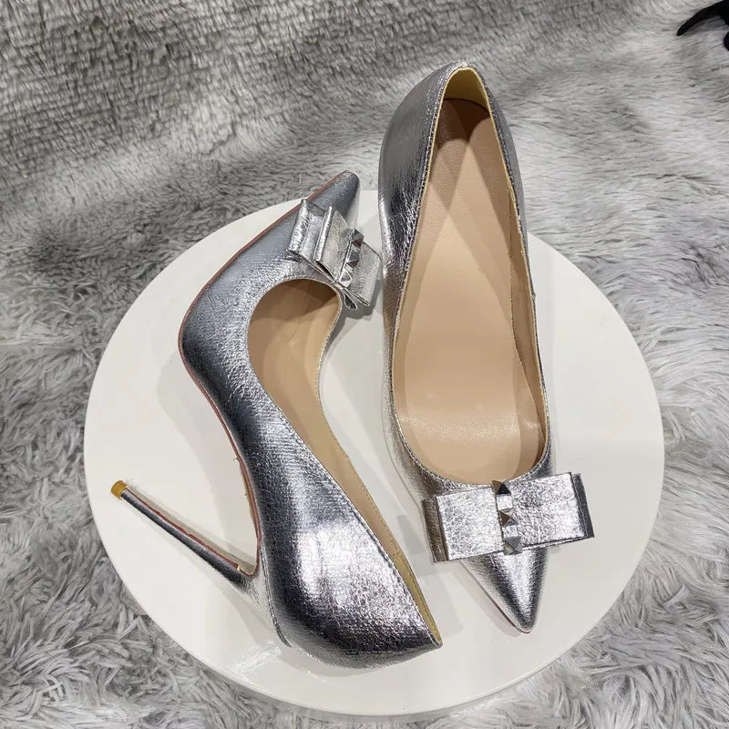 Women's Silver high heels bow, metal pointed high heels