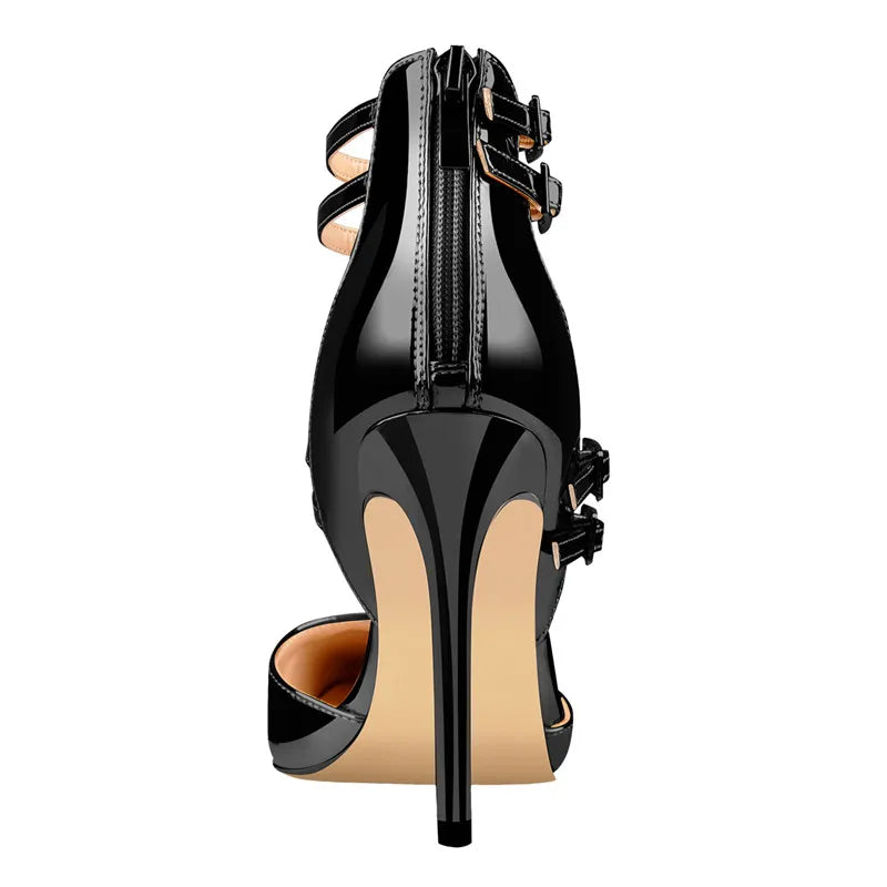 Women's Pointed Toe Black And Gold Ankle Strap Pumps Buckle Belts Zipper stiletto