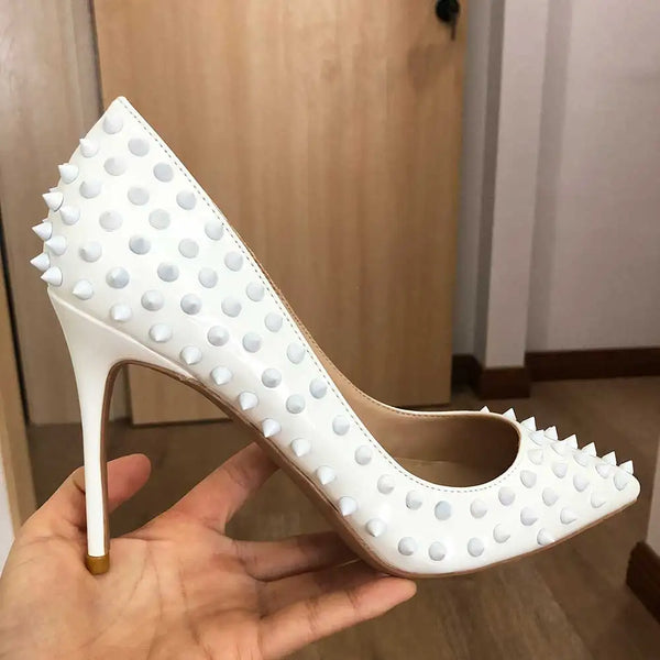 White Full Spikes Women Sexy Pointed Toe Stilettos High Heels Ladies Chic Pumps