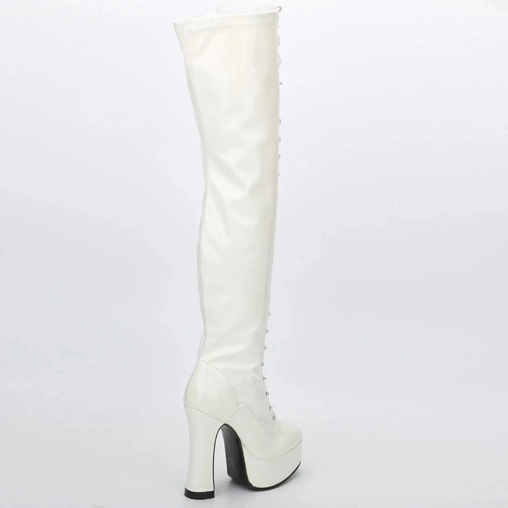 12CM High Block Heel Platform Cross-tied Zip Over-the-Knee PU Leather Ladies Sexy Long Boot