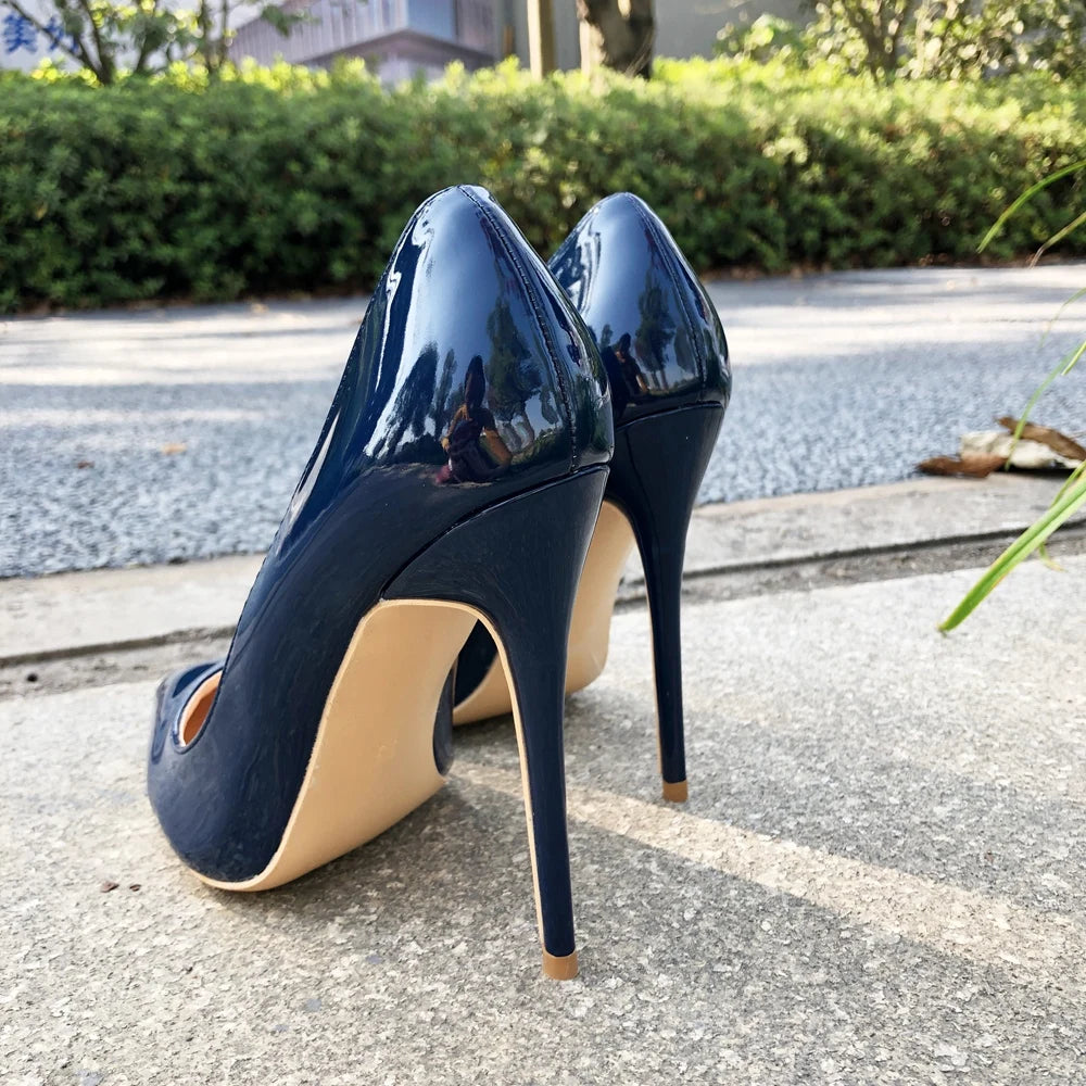 Women Navy Blue Patent Pumps Low Cut Pointy Toe Stilettos