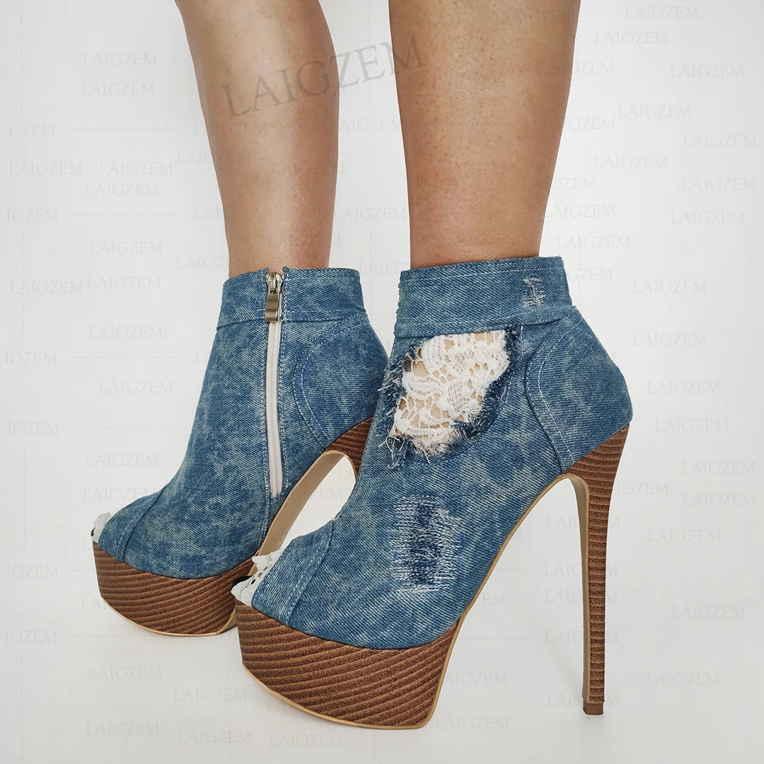 Ankle Platform Boots Denim Peep Toe Thin High Heels Zip Up Booties