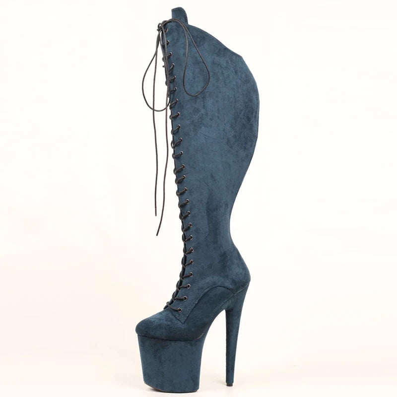 Women Knee-high Boots Side Zipper Cross Tied Stiletto Heel Round Toe Black Night Club Pole Dance Shoes
