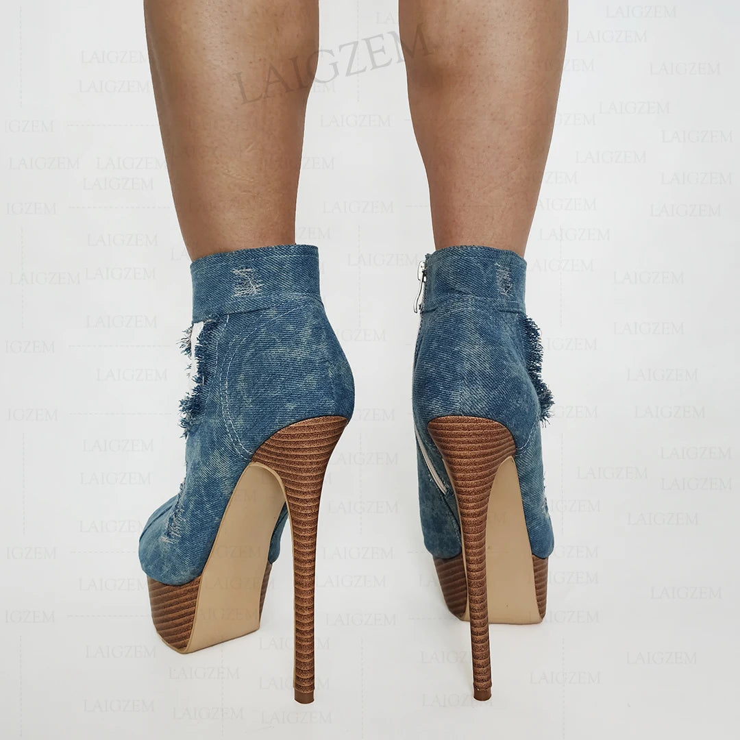 Ankle Platform Boots Denim Peep Toe Thin High Heels Zip Up Booties