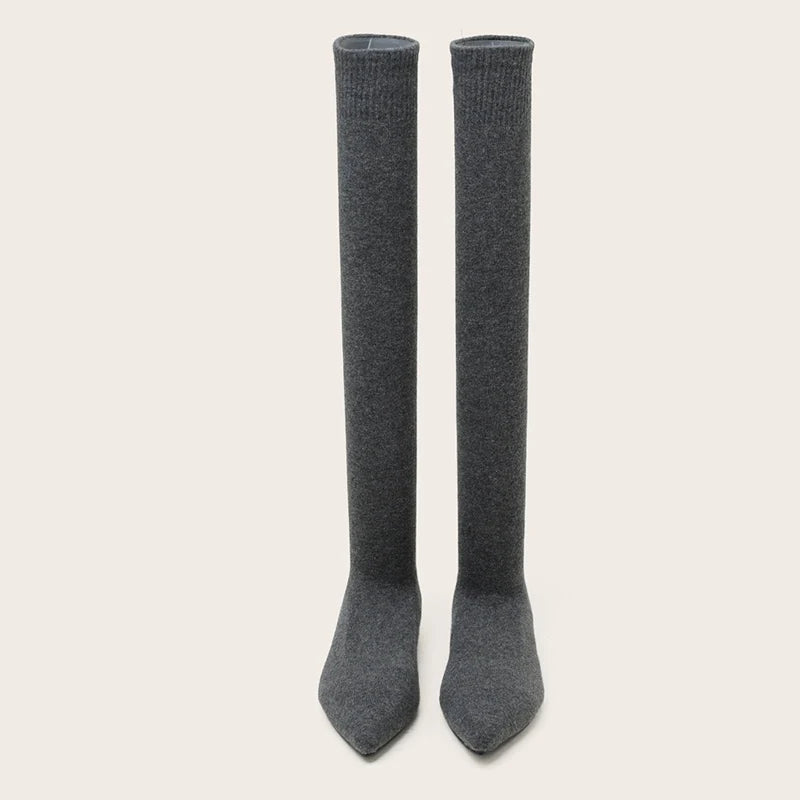 Fashion Slim Leg Thigh High Sock Boots Women Black Stretch Fabric Pointed Toe Flat Heels