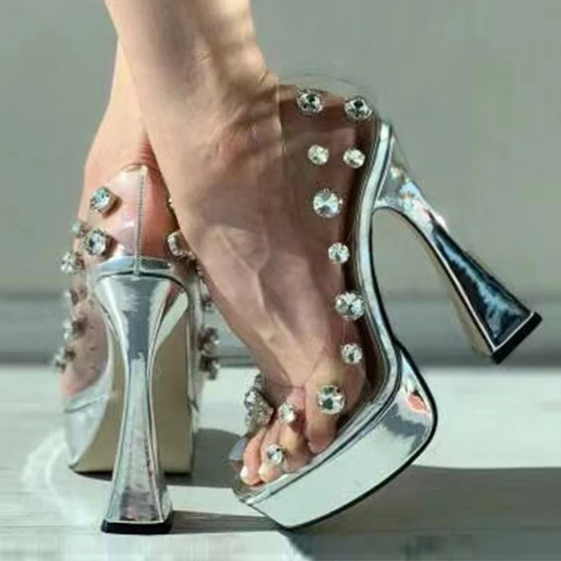 Fashion Ladies High Heel Shoes PVC Transparent Peep Toe Platform Chunky Sandals