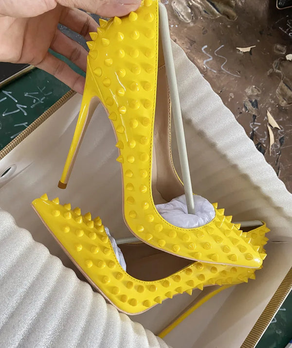 Yellow color spikes women pointed toe stiletto high heels