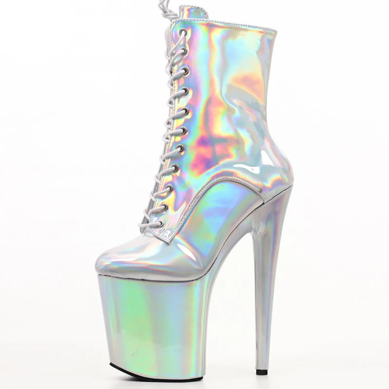 Ankle Boots 20CM Super High Heel Platform Boots Holographic Metallic Shoes