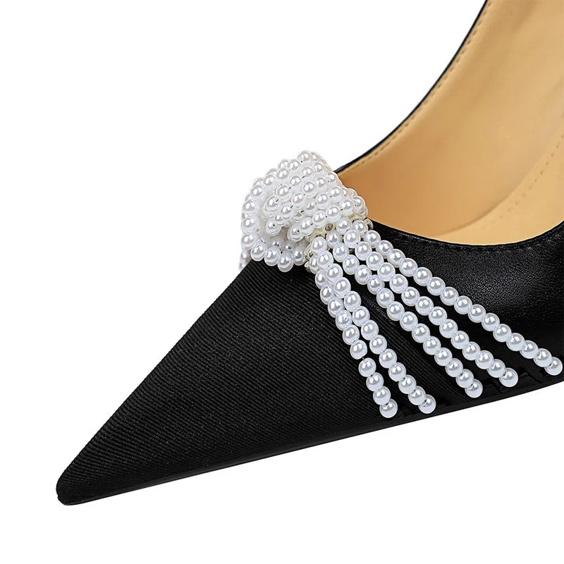 Pearl Bowknot Pumps Luxurious High Heels Fashion Party Shoes Women