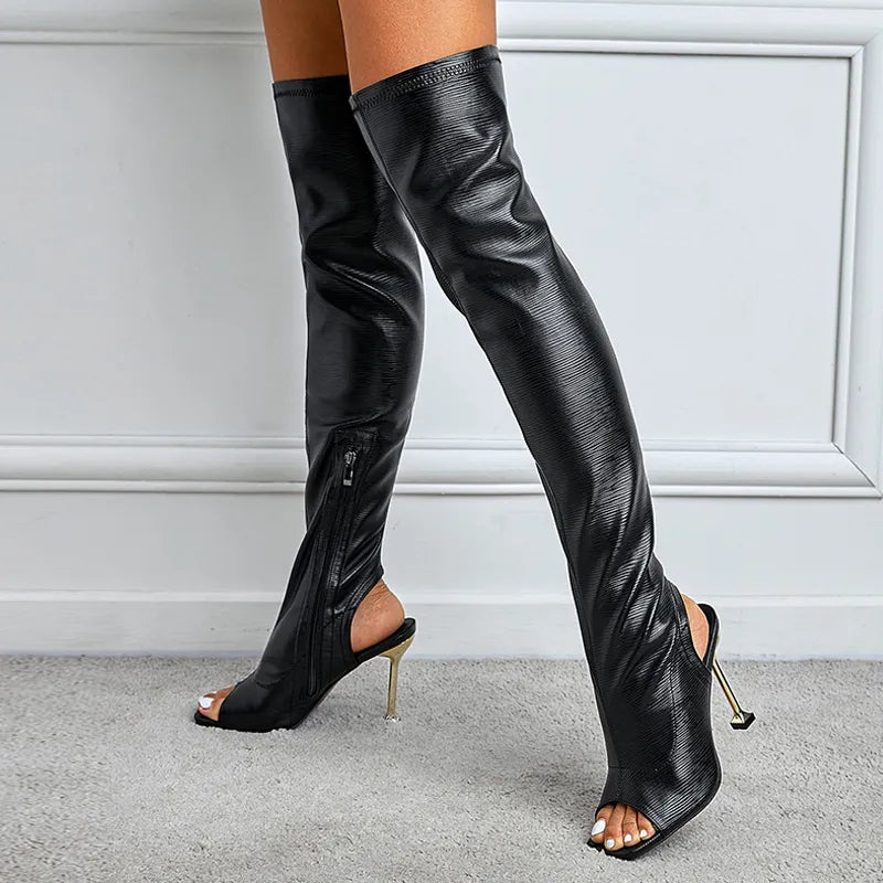 Spring Autumn Sexy Zip Metal Thin Heels Open Toe Leather Thigh High Over The Knee Boots