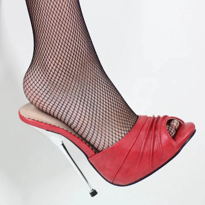 Women High Heel slippers Metal Thin Heels Pleated Peep-toe Female Sexy  Pumps Shoes