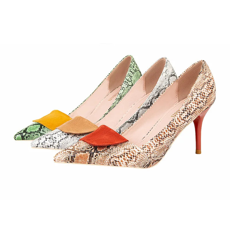 Fashionable Simple Stiletto High-heeled Stitching Snake Pattern Women 's Shoes