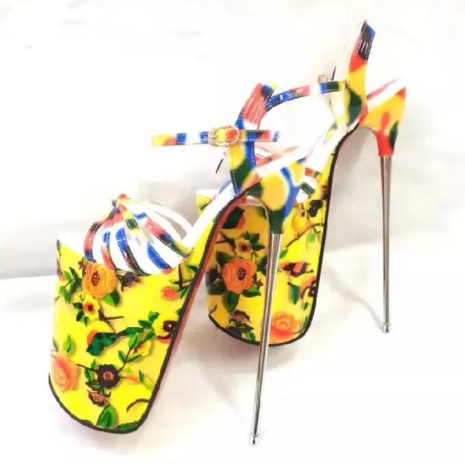 22cm Thin Heels Rhinestone Sandals Female Platform Printed Women's