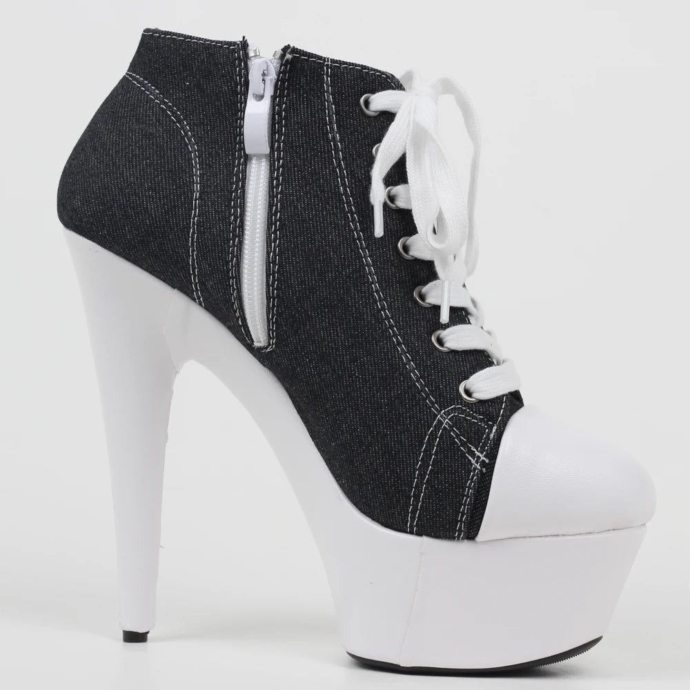 15CM High Spike Heels Platform Denim Sexy Cross-tied Dance Club Shoes