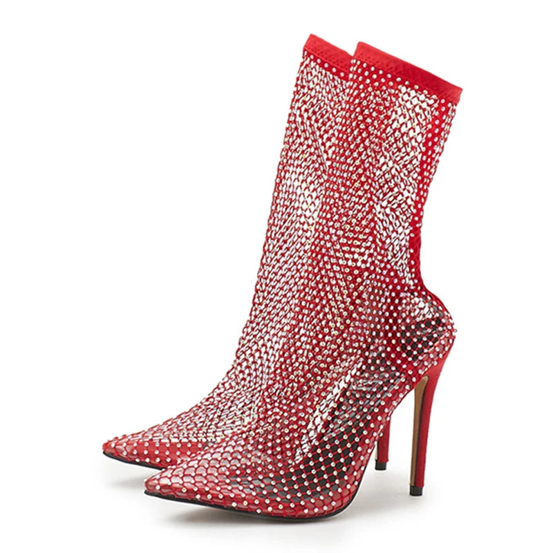 Fashion Crystal Rhinestone Mesh Summer Boots Women Sandals