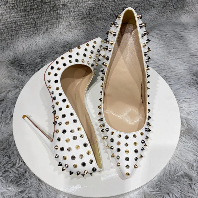 12cm Women's pointed Contrast rivet high heels