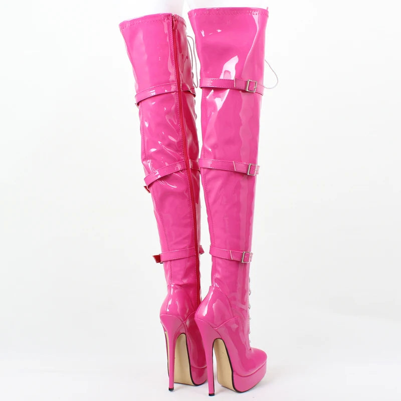 Sexy Over The Knee Boots 18CM Super High Heel Platform Cross-tied Buckle Straps Rivets Boots