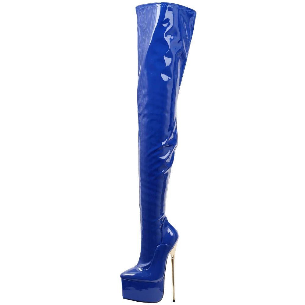 22CM Super High Heel Platform Round  toe Zip Solid PU Leather Thigh Long Boots